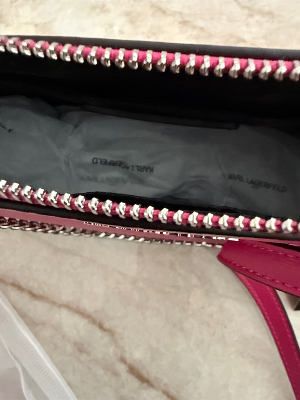 KARL LAGERFELD NWT Fuchsia Leather Crossbody with Silver Chain - Picture 8 of 10